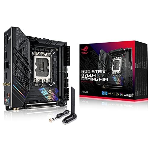 ASUS ROG Strix B760-I Gaming WiFi 6E Intel® B760 (13th & 12th Gen) LGA 1700 Mini ITX Motherboard. 8+1 Power Stages. DDR5 up to 7600 MT/s. PCIe 5.0.2xM.2 Slots. USB 3.2 Gen 2x2 Type-C.Aura Sync RGB